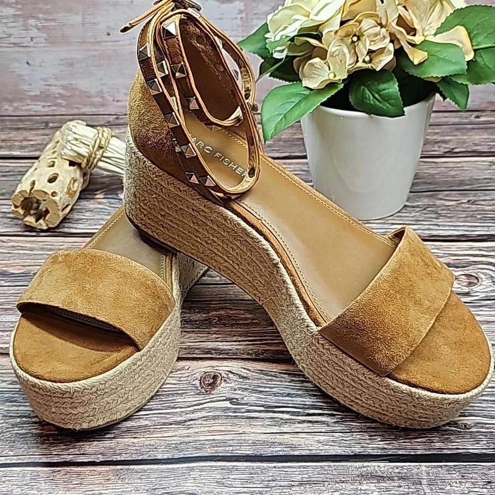MARC FISHER JAZLYN BROWN SUEDE STUDED WEDGE ESPADRILLES